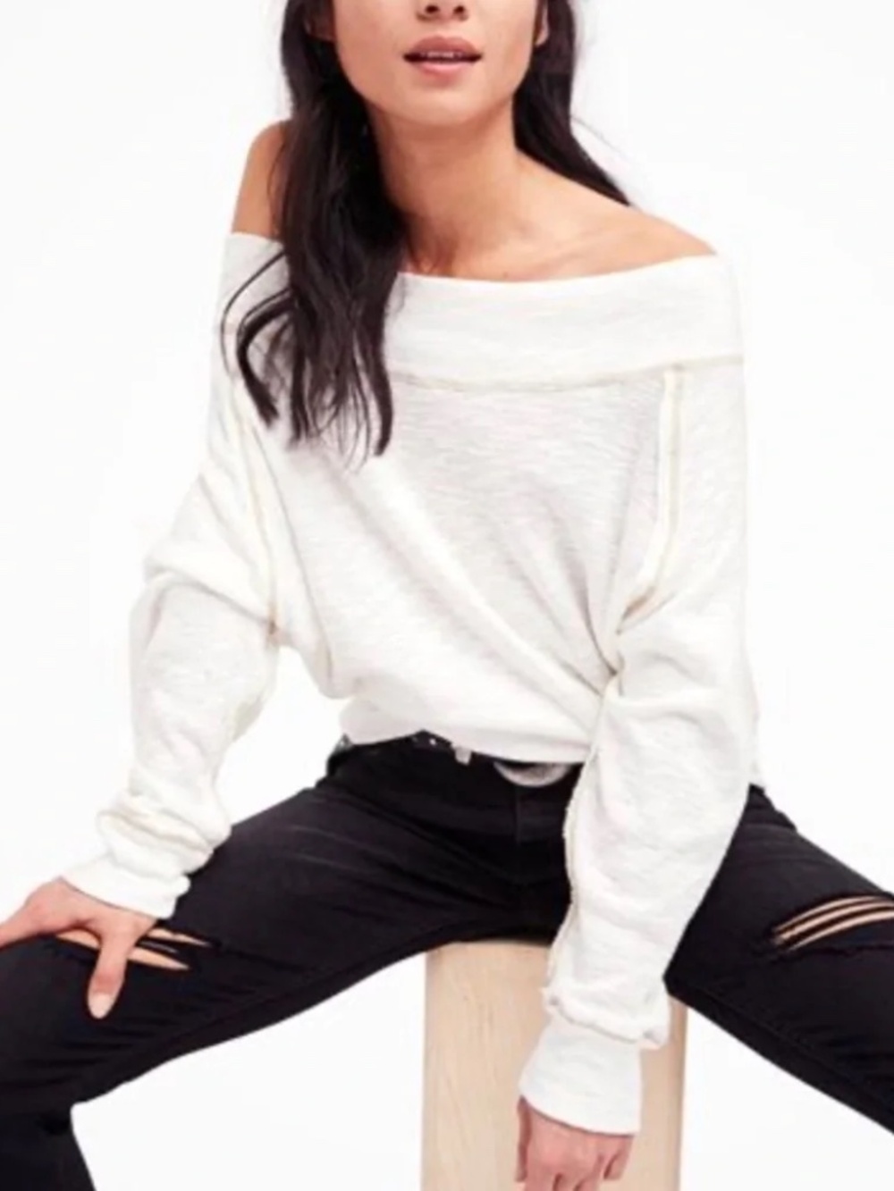 Free People We The Free Palisades Off Shoulder Thermal Sweater Top Ivory Size XS